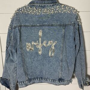 Heirloom Bridal Company Wifey Pearl Embellished Blue Jean Jacket Bridal